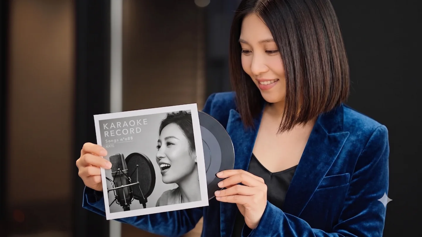 A guest admiring the finished karaoke record she is holding