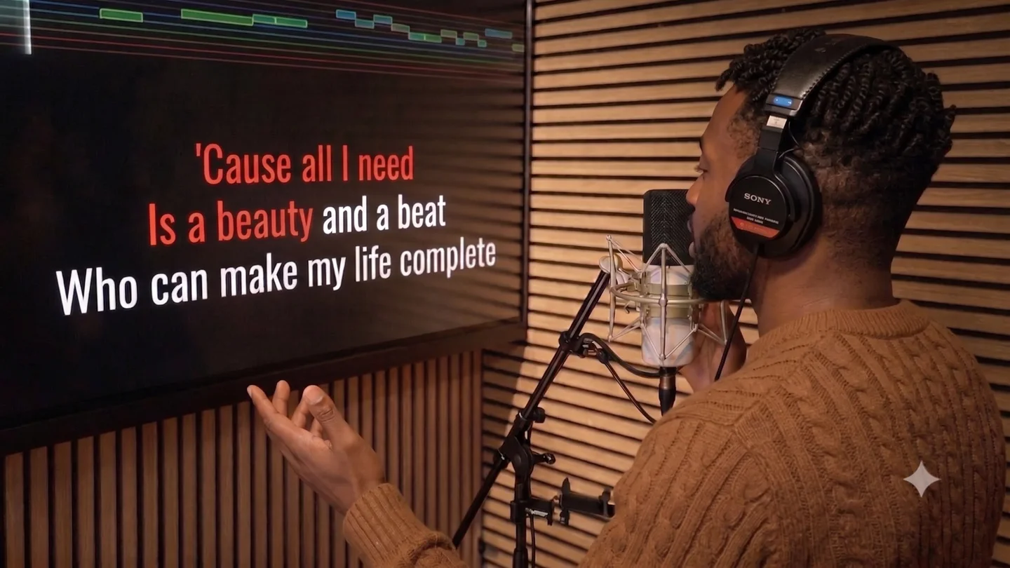A singer performing at the mic with karaoke lyrics glowing on the screen